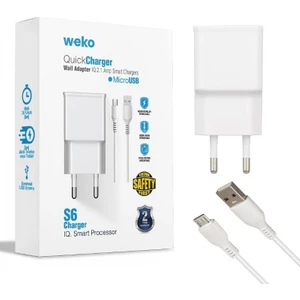 WK-21434 S6 2.1 Amper Şarj Başlık Adaptörü + Mıcro USB Kablo(No:3) Var Yok Universal Beyaz