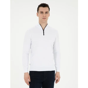 Pierre Cardin Erkek Ekru Slim Fit Fermuarlı Dik Yaka Triko Kazak 50279383-VR019