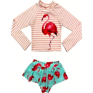 Yeni Sezon Karakter Desenli Uv-Güneş Korumalı Uzun Kol Üst Mini Etek Altı Fırfırlı Bikini Takımı