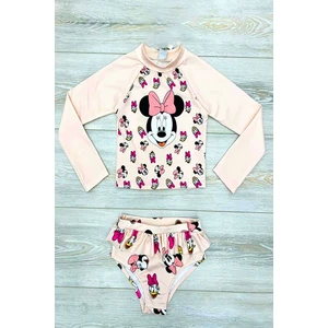 Yeni Sezon Karakter Desenli Uv-Güneş Korumalı Uzun Kol Üst Mini Etek Altı Fırfırlı Bikini Takımı