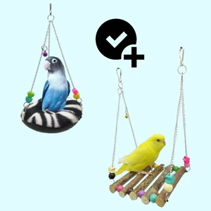 Ozzi Petshop Ahşap Kuş Salıncağı + Pofuduk Yuvarlak Zilli Salıncak Yatak Seti