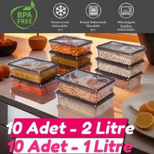 Plastik Kapaklı Kilitli - Gri Saklama Kabı 10 Adet 2 Lt & 10 Adet 1 Lt  DerinDondurucu & Buzdolabı Düzenleyici