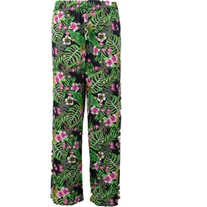 Kadın Turlu Viskon Penye Kumaş Anne Pantolon Bahçe Çiçeği Desenli Beli Lastikli Düz Paça Likralı