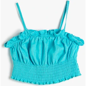 Keten Crop Bluz Askılı Fırfırlı Gipe Detaylı