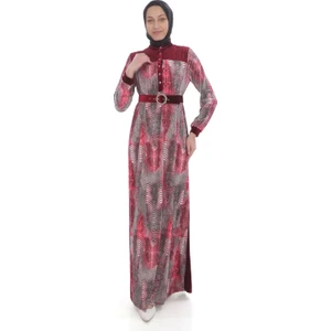 Leila Piton Desenli Kadife Elbise 699-BORDO