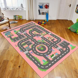 Viyana Home Dijital Baskılı Kaymaz Taban Yıkanabilir Çocuk Odası Oyun Halısı, V-Çocuk-17-Pembe,