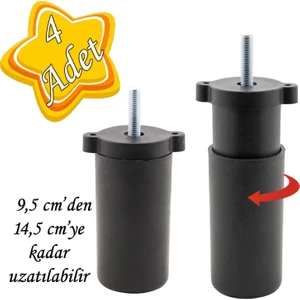 4 Adet Ayarlı Destek Ayağı 9.5 x 14.5 cm Siyah Gizli Ayak M8 Civatalı Incediş Mobilya Kanepe Baza Koltuk