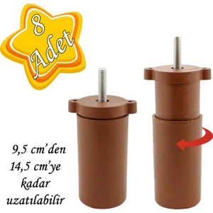 8 Adet Ayarlı Destek Ayağı 9.5 x 14.5 cm Kahverengi Gizli Ayak M8 Civatalı Incediş Mobilya Kanepe Baza Koltuk