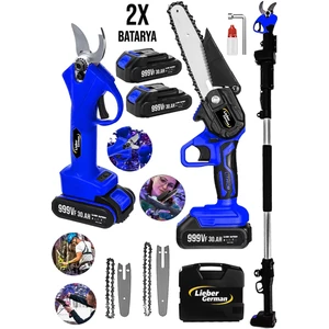 Lieber German 3ın1 Blue 2'li Set 999VF 30AH 3 mt Teleskopik Akülü Dal Kesme Makası ve Budama Bıçkı Testere Makinesi