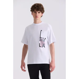 Beyaz Over Size Yazı Baskılı Bisiklet Yaka T-Shirt