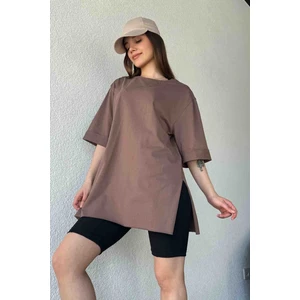 TSR-04306 Kahverengi Duble Kol Yırtmaçlı Basıc Tişört