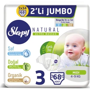 Natural Bebek Bezi 3 Beden Midi 4-9 Kg 68li Jumbo Paket