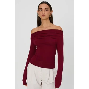 Bordo Kayık Yaka Büzgülü Kadın Bluz MG2050