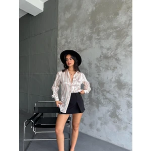 Eke Tekstil Kadın Oversize Ekru Renk Camel Ince Çizgili Detaylı Saten Gömlek