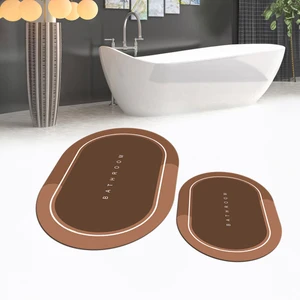 Viyana Home Dijital Baskılı Kaymaz Taban Yıkanabilir Oval Ikili Banyo Paspas Klozet Takımı, V-O-Klozet-01-Kahve,