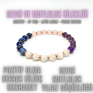 Yıldız Doğal Taş Sertifikalı Sevgi ve Mutluluk Bilekliği  Doğal Taş 6mm Misinalı Ay T. Pembe K. Lapis Ametist