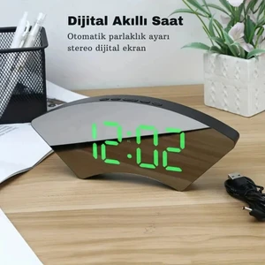 Dekoratif Masaüstü Dijital Saat Kavisli Sıcaklık Tarih Ölçen Şık USB Aynalı LED Işıklı Alarmlı Saat
