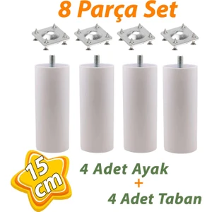 4 Adet Destek Ayağı 15 cm Beyaz ve 4 Adet Düz Ayak Tabanı M8 Civatalı Ince Diş Mobilya Kanepe Baza Seti