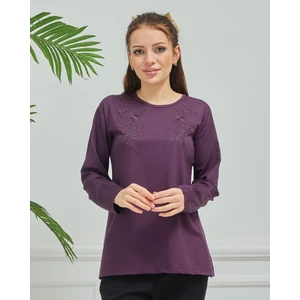 Kadın Anne Mor Işlemeli Günlük Orta Yaş Penye Bluz