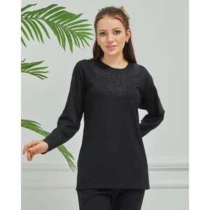 Kadın Anne Siyah Işlemeli Günlük Orta Yaş Penye Bluz