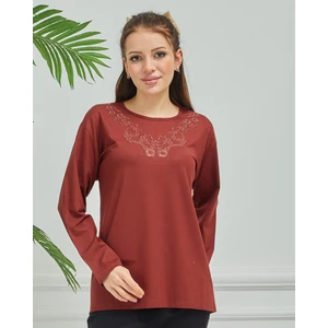 Kadın Anne Kremit Işlemeli Günlük Orta Yaş Penye Bluz
