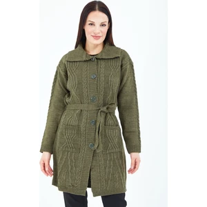 Kadın Haki Yeşil Düğmeli Cepli Kuşaklı Triko Yün Uzun Hırka