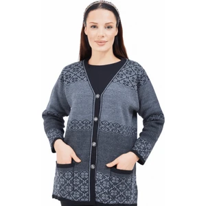 Desenli Gri  Düğmeli Triko Anne Hırka