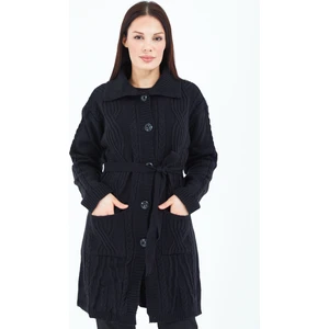 Kadın Siyah Düğmeli  Kuşaklı Triko Yün Uzun Hırka