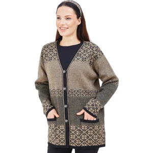 Desenli  Vizon  Düğmeli  Triko Anne Hırka