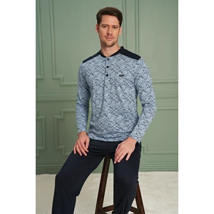 Bsm Erkek Yüksek Kalite Pamuklu Uzun Kol Desenli Mavi Pijama Takımı