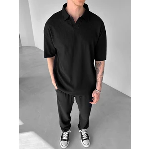 Abluka Online Oversize Polo Yaka Basic Fitilli T-Shirt Siyah