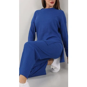 Secret Moda Iç Göstermez Oversize Fitilli Kaşkorse Alt Üst Triko Takım Mavi