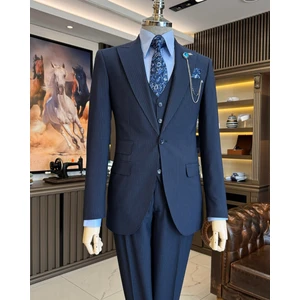 Terzi Adem Altun Italyan Stil Slim Fit Çizgili Ceket Yelek Pantolon Takım Elbise Lacivert T11817