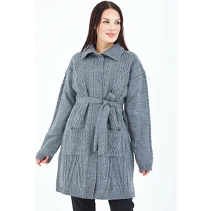 Kadın Gri Düğmeli Cepli Kuşaklı Triko Yün Uzun Hırka