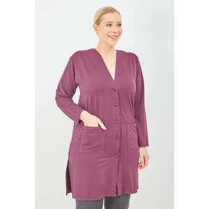 Kadın Mürdüm  Cepli Büyük Beden Yazlık Uzun Penye Hırka