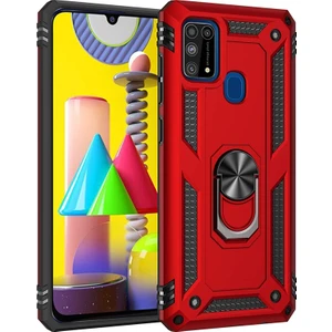 Samsung Galaxy M31 Kılıf Tank Koruma Vega Standlı Yüzüklü Mıknatıslı Kırmızı