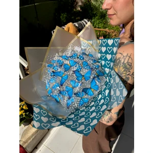 21 Adetli Mavi   Büyük Boy Kelebek Buketi Anneler Gününe Özel Hediyelik Buket