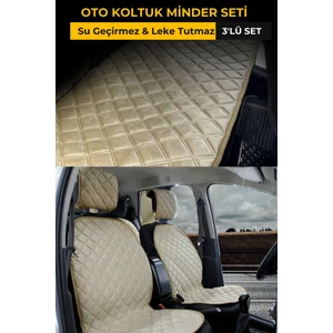 Su Geçirmez & Terletmez Sırtlı Oto Koltuk Minder Seti-Koltuk Koruma Kılıfı (3'lü Set)-Bej