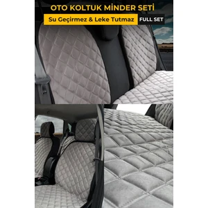 Üstün Torpido Koruma Su Geçirmez & Terletmez Sırtlı Oto Koltuk Minder Seti-Koltuk Koruma Kılıfı (Full Set)-Gri