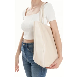 Wıth-W kadın Orijinal Krem Geniş Hacimli Iç Cepli Fermuarlı Kaliteli Deri Shopper Kol ve Omuz Çantası Beck TNC1009