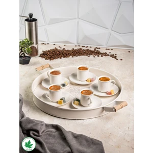 Lin Metal Ahşap Kulplu Yuvarlak Metal Servis Tepsisi 37CM, Kahve Tepsisi, Sunum Tepsisi (Kaktüs Baskılı)