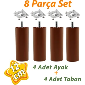 4 Adet Destek Ayağı 12 cm Kahverengi ve 4 Adet Düz Ayak Tabanı M8 Civatalı Ince Diş Mobilya Baza Seti