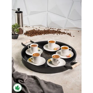 Lin Metal Ahşap Kulplu Yuvarlak Metal Servis Tepsisi 37CM, Kahve Tepsisi, Sunum Tepsisi (Kaktüs Baskılı)
