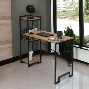 Bye Concept & More Dekoratif 3 Raflı Metal Çok Amaçlı Çalışma Masası Ahşap Raflı Kitaplık Bilgisayar ve Laptop Masası