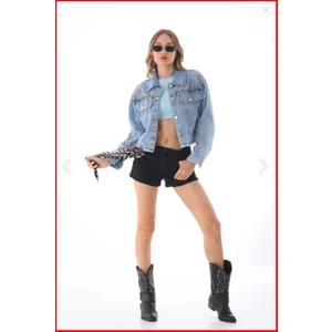 Esb Design Kadın Mavi Taşlı Zincirli Cepli Mevsimlik Düğmeli Kısa Denim Ceket