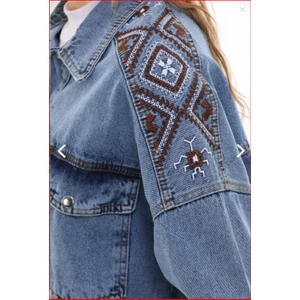 Esb Design Kadın Mavi Cepli Etnik Mevsimlik Düğmeli Uzun Denim Nakışlı Kot Ceket