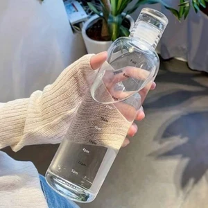 2406 Borosilikat Cam Su Şişesi - Su İçme Saatli Dereceli Matara Suluk - Şeffaf 500 mL