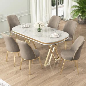Lai Serisi 90X168 Lak Panel Beyaz Mermer Desen Gold Ayak Masa Takımı 6 Sandalye