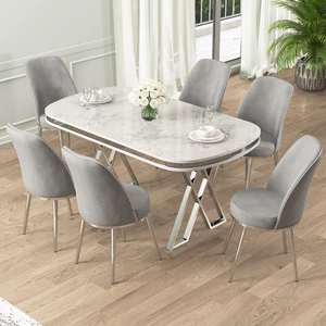 Lai Serisi 90X168 Lak Panel Beyaz Mermer Desen Krom Ayak Masa Takımı 6 Sandalye