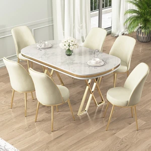 Lai Serisi 90X168 Lak Panel Beyaz Mermer Desen Gold Ayak Masa Takımı 6 Sandalye